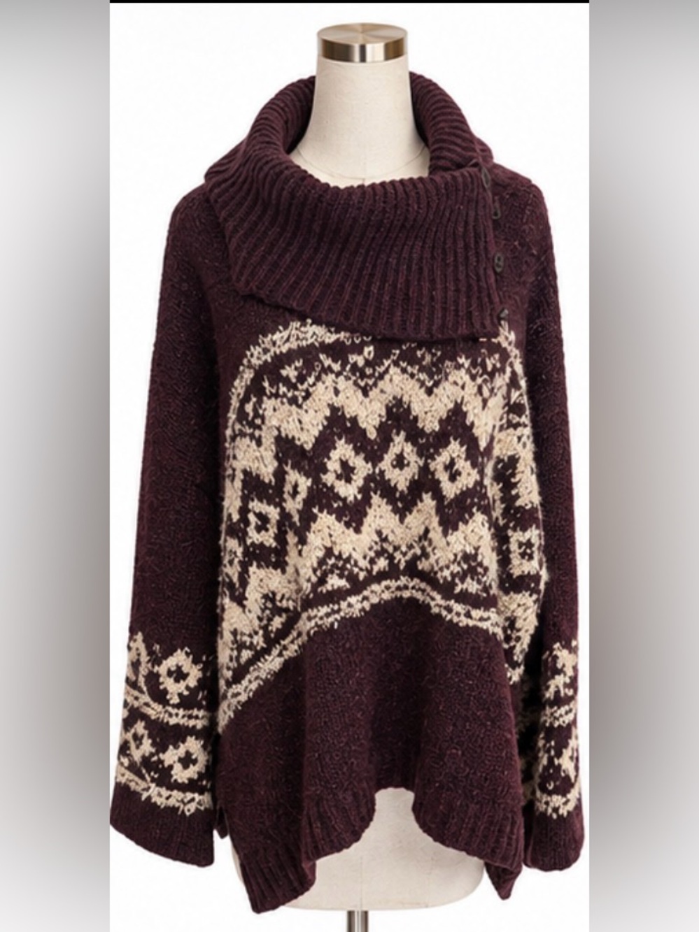 Free People Ragnar Fair Isle Oversized Wool Blend Cowl Neck Sweater Burgundy